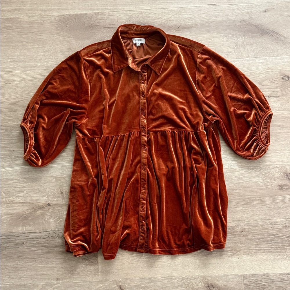 Umgee Velvet Button-Up Blouse in Deep Orange